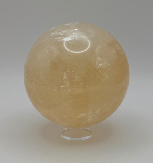 Honey Calcite Sphere with Stand, Large 3.4 Inch Golden Crystal Ball, 2 lb Glowing Amber Calcite Orb
