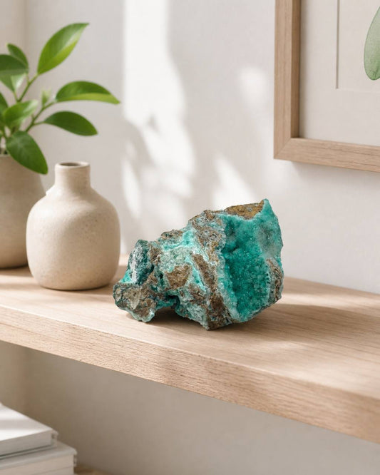 Raw Hemimorphite Crystal Specimen on Matrix. Natural Teal and White Druzy Mineral, 3 x 4 Inch, 9.5 oz