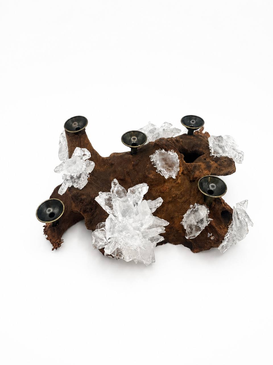 Driftwood Crystal Sphere Display Stand with Quartz Clusters