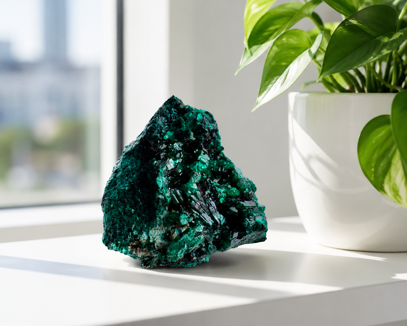 Raw Dioptase Crystal Specimen with Azurite on Matrix. Natural Emerald Green Mineral, 2.5 Inch, 9.2 oz
