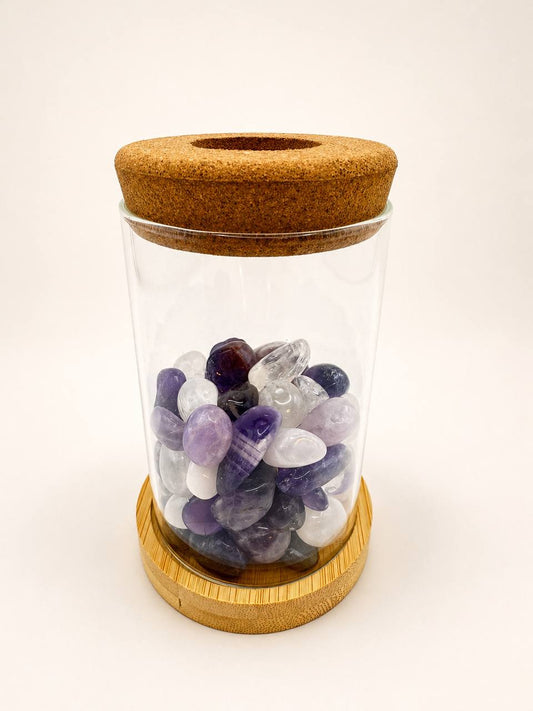 Tumbled Amethyst & Quartz stones in glass propagation vase