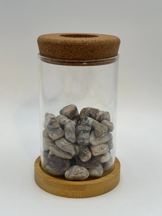 Crazy lace agate propagation station with glass vase, cork ring, and bamboo coaster