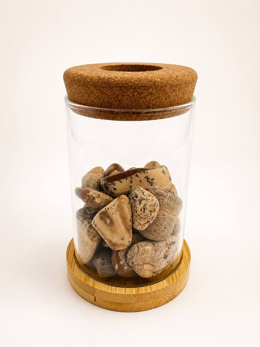 Tumbled Picture Jasper stones in glass propagation vase