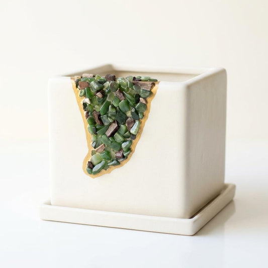Crystal Mosaic Planter with Jade and Petrified Wood, Gold Detail Geode Planter with Saucer, Handmade One of a Kind