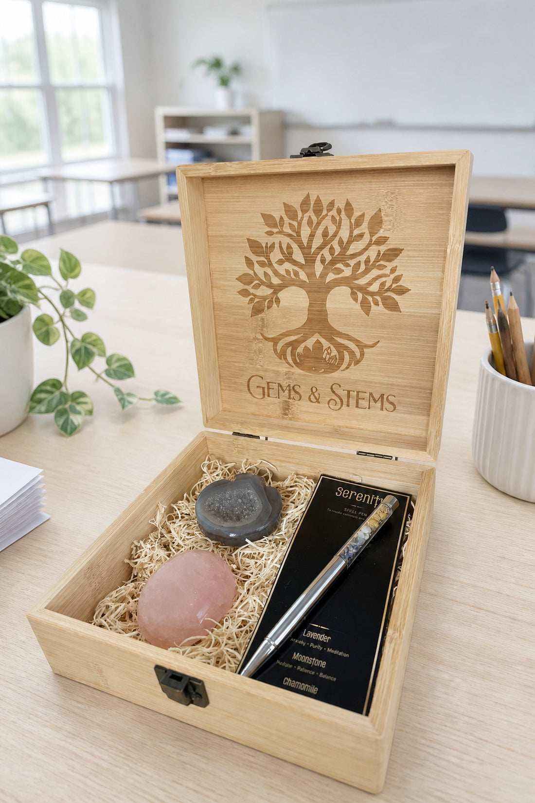 Teacher Gift Box with agate apple bowl, rose quartz palm stone and crystal pen
