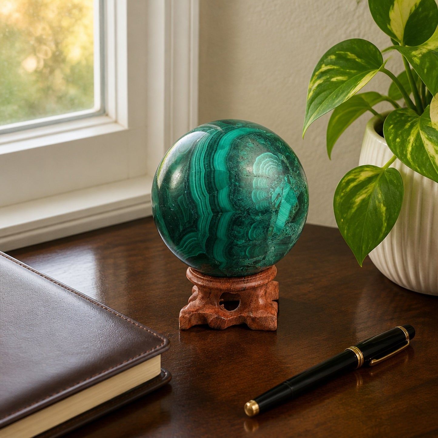Malachite Sphere with Carved Wood Stand — Genuine Banded Green Malachite Crystal Ball, 2.9 Inches, 1.7 lb