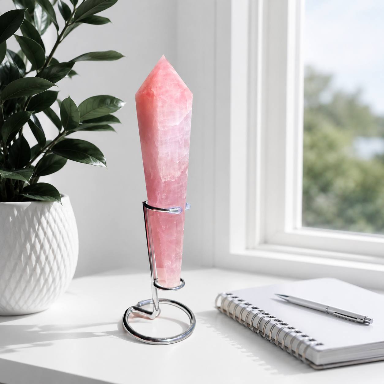 Rose Quartz Wand with Stand — Faceted Pink Quartz Point, 7.5 Inch Polished Crystal Wand