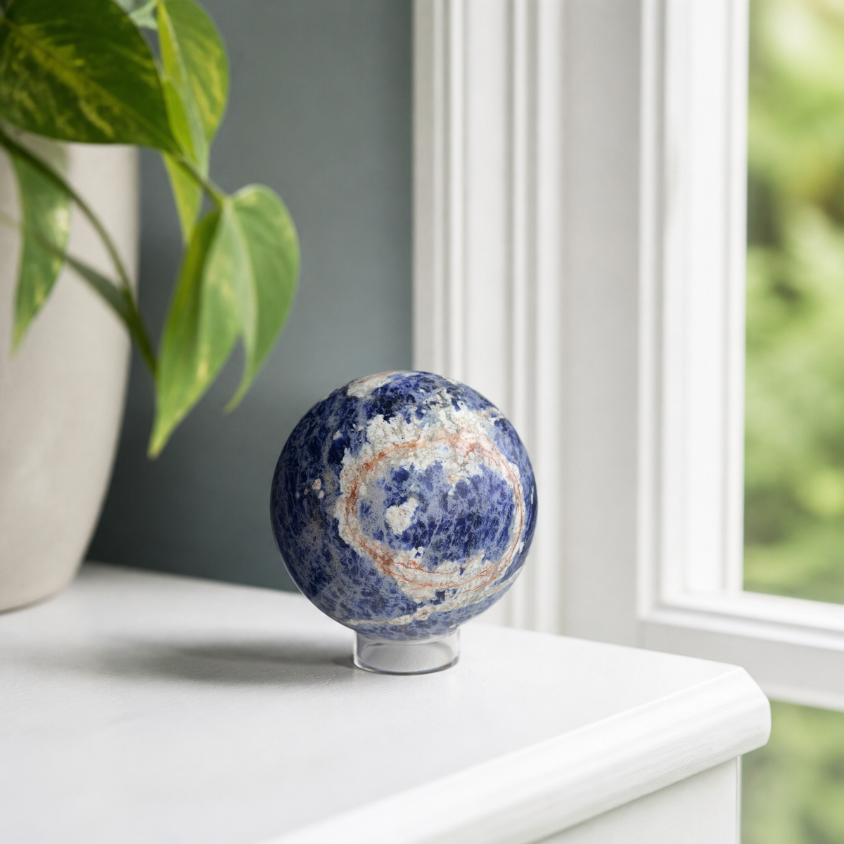 Sunset sodalite sphere on a console by a window