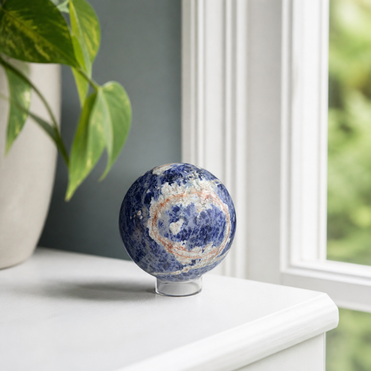 Sunset sodalite sphere on a console by a window