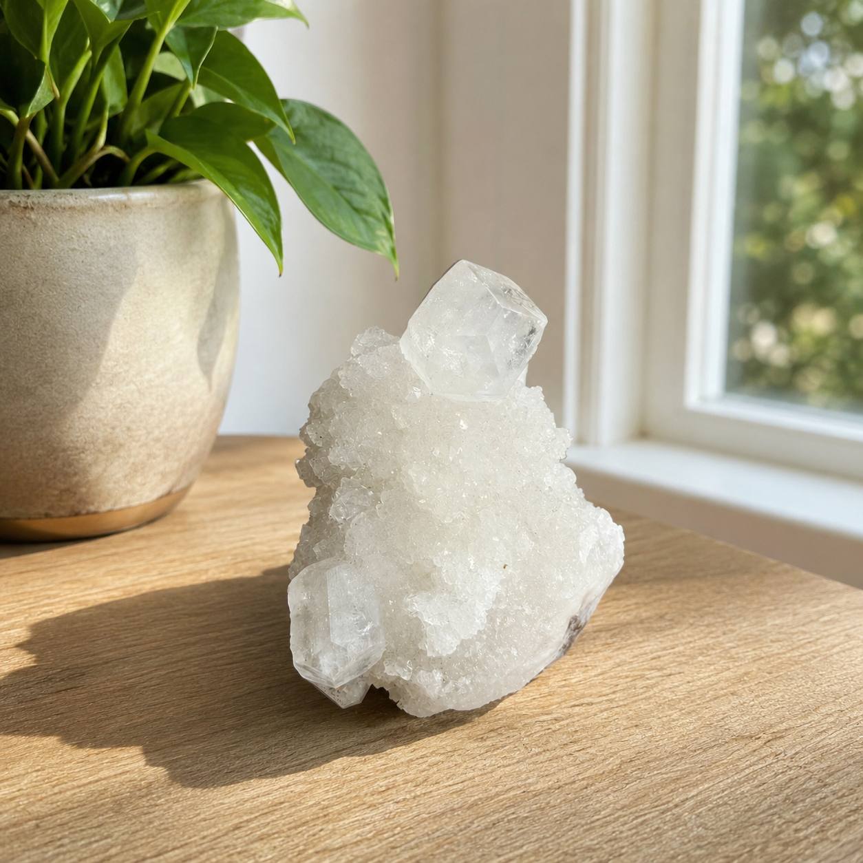 White apophyllite cluster with clear terminated crystal