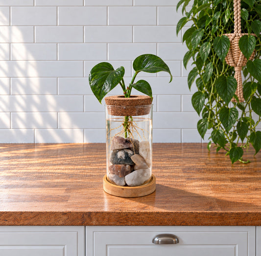 Large sakura agate propagation station on a kitchen counter with a hanging pothos