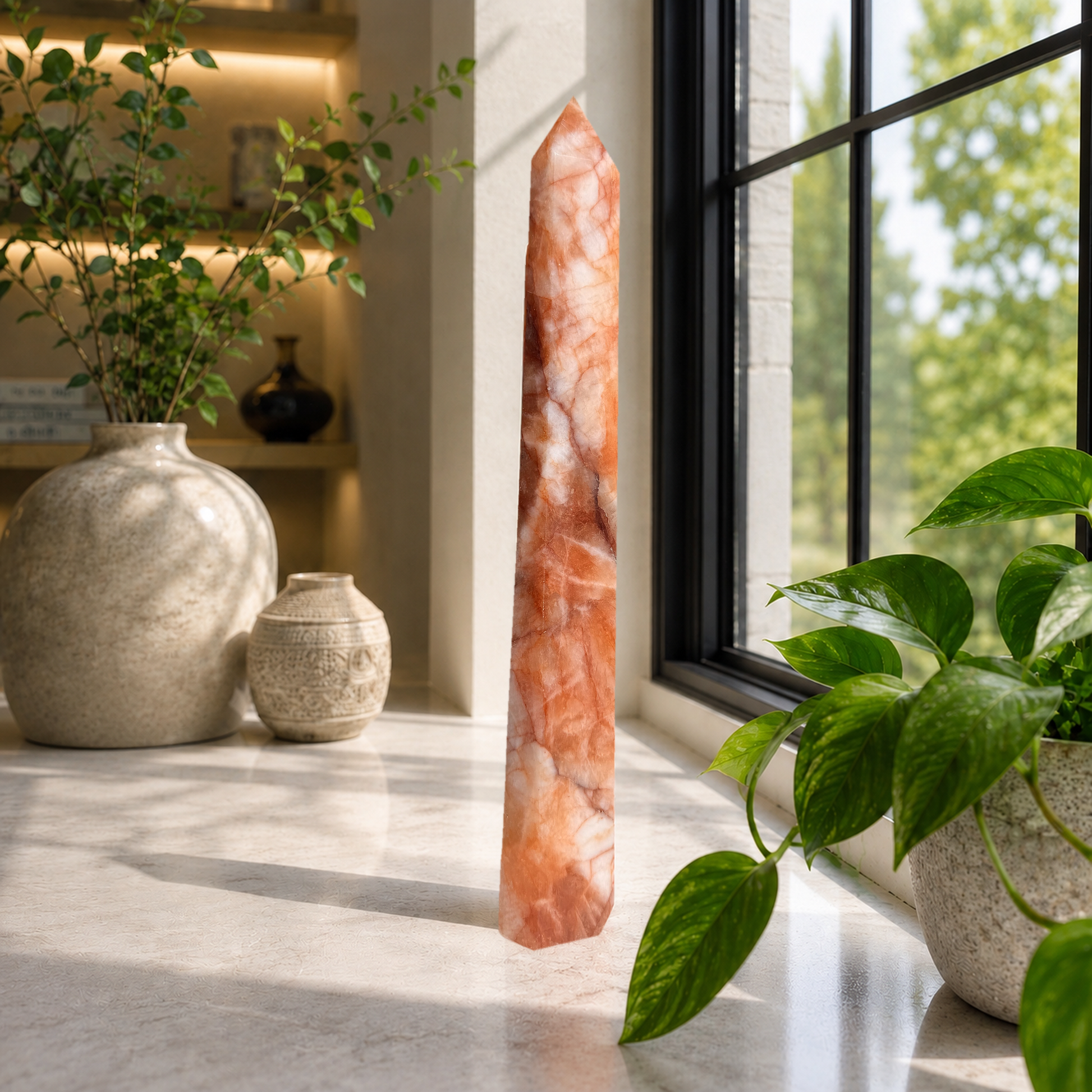 Fire quartz tower on a sunlit ledge