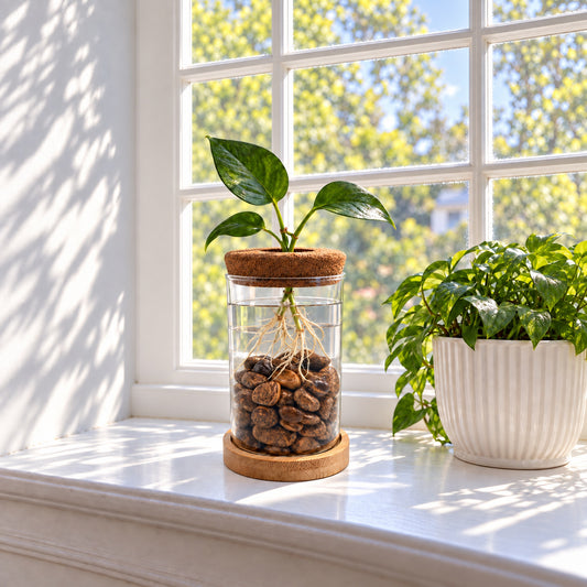 Sea fossil jasper propagation station on a sunny windowsill with a cutting rooting in water