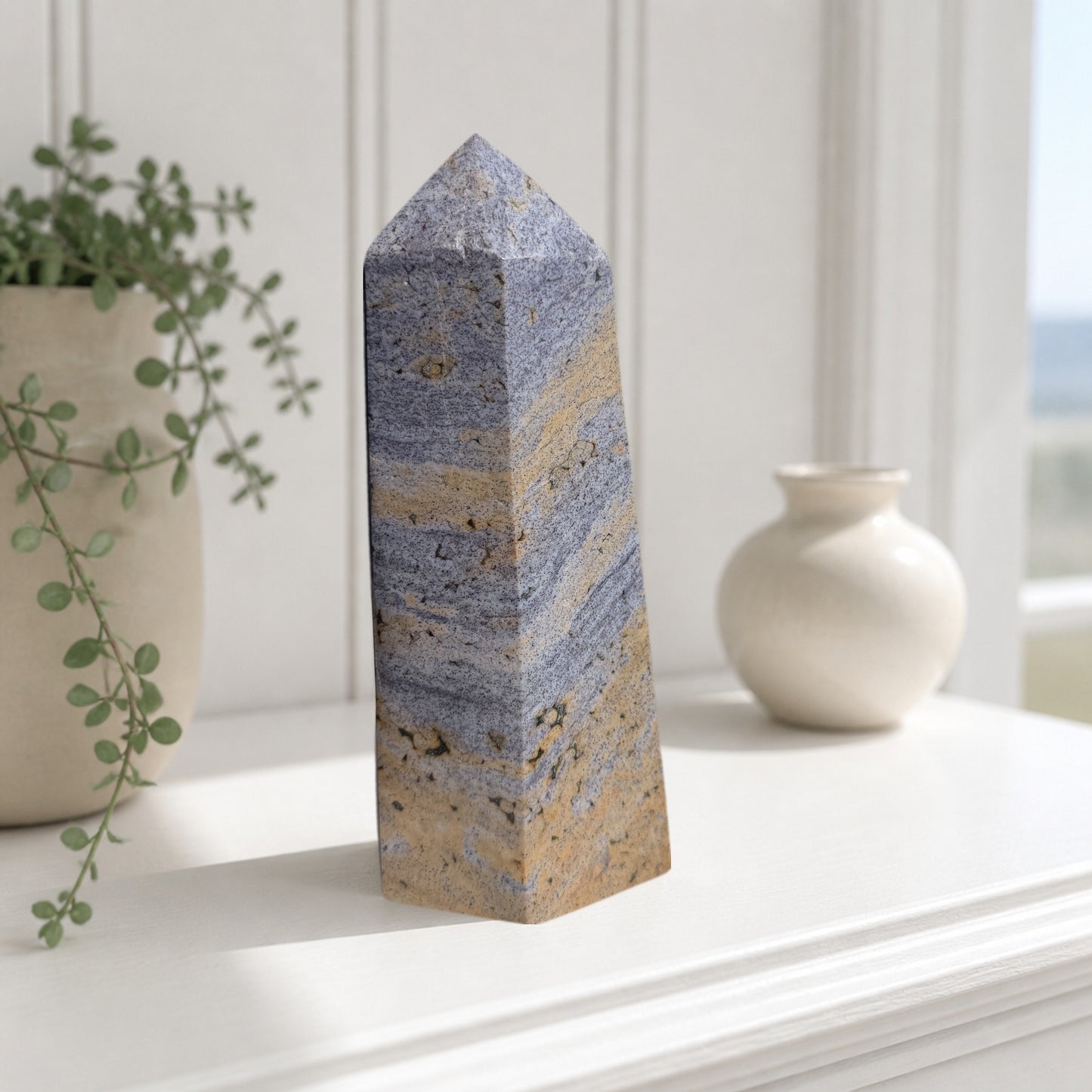 Blue and Tan Banded Jasper Tower, 6 Inch Polished Stone Obelisk in Sand and Soft Blue, 2 Pound State