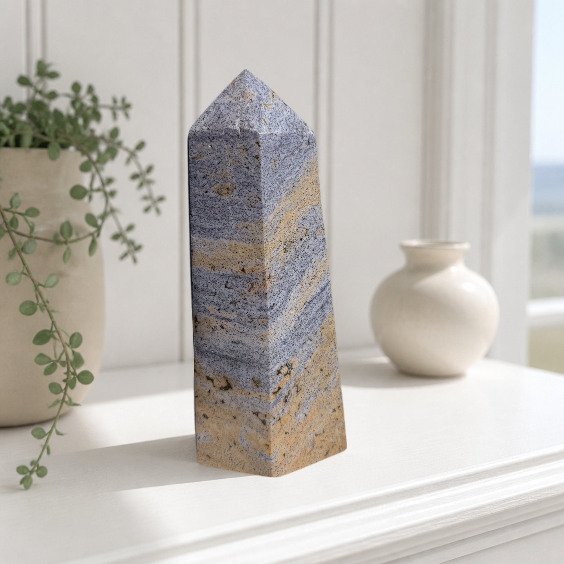 Blue and Tan Banded Jasper Tower, 6 Inch Polished Stone Obelisk in Sand and Soft Blue, 2 Pound State