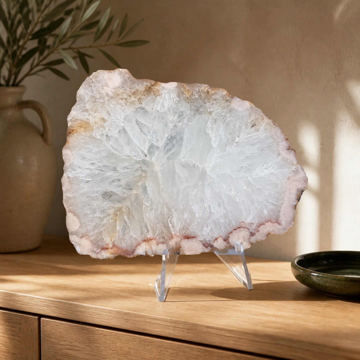 White Quartz Geode Slice with Druzy Rim, 5 Inch Polished Agate Slab on Stand, Radiating Crystal Cent