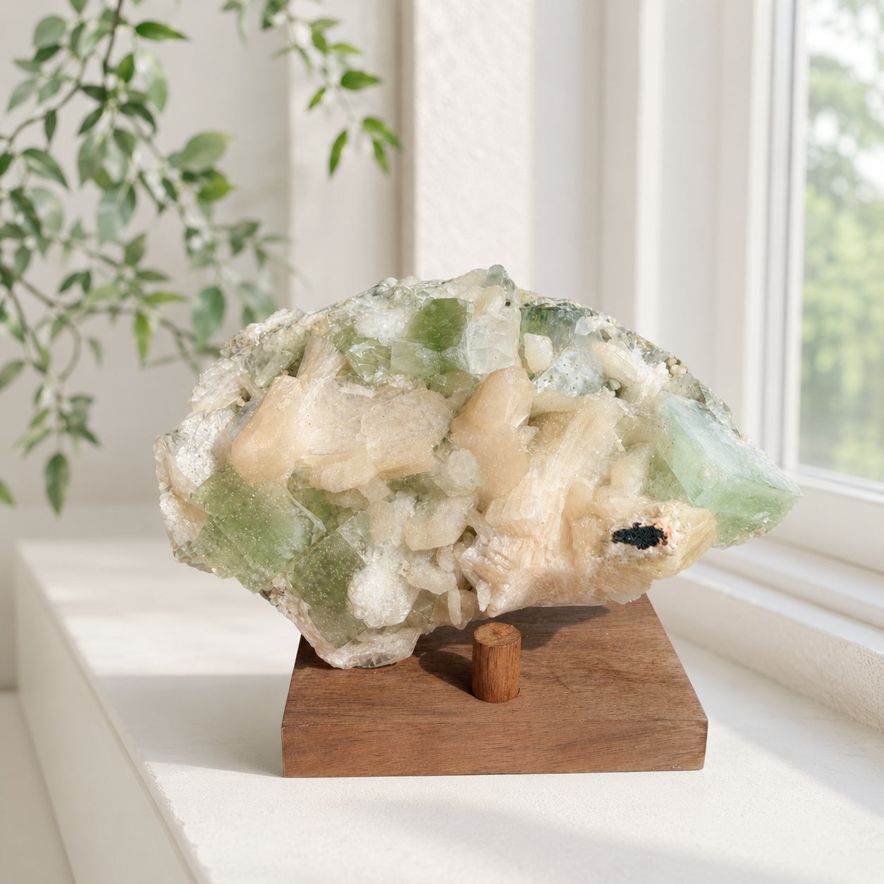 Green apophyllite with peach stilbite on a wood stand