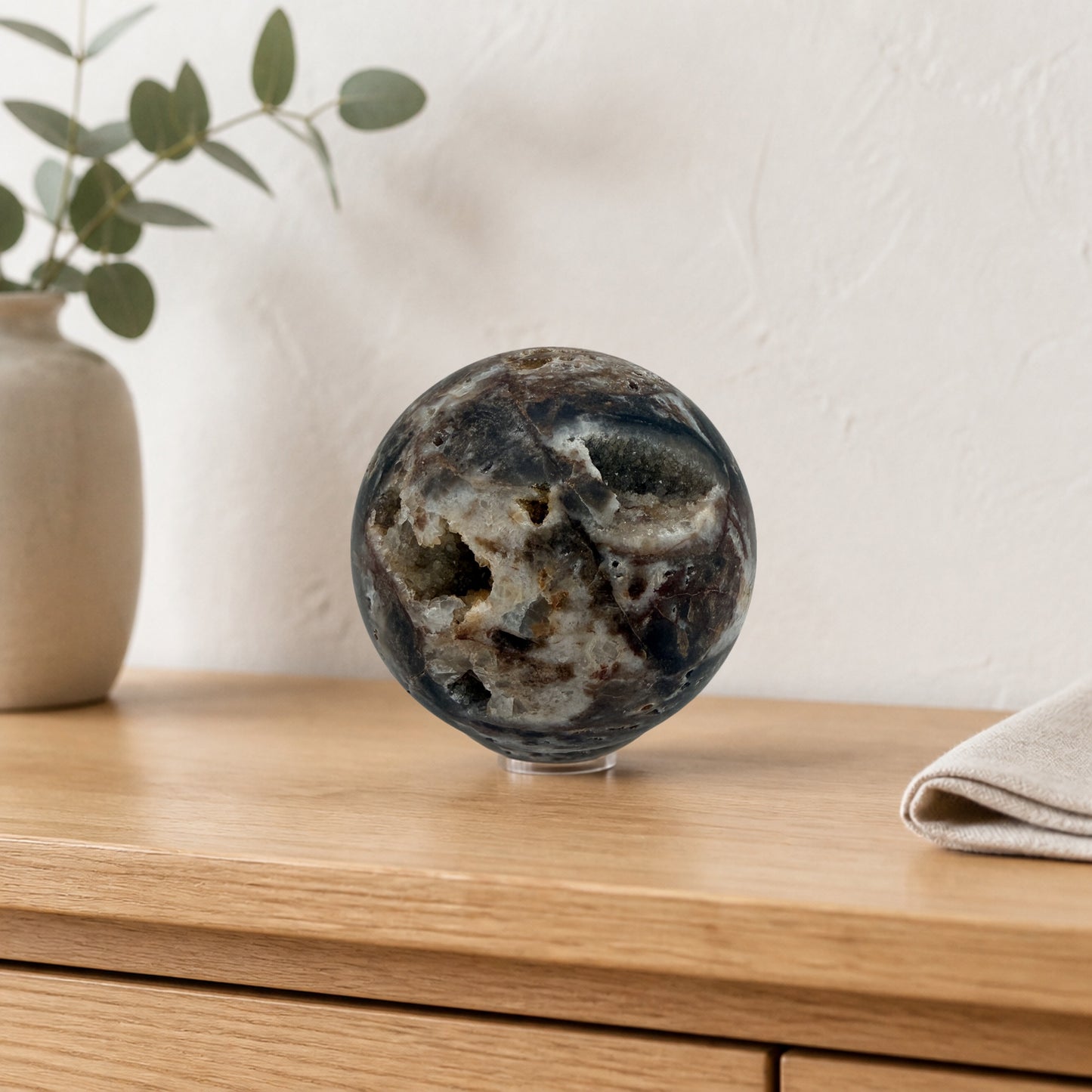 Chocolate Agate Geode Sphere with Two Druzy Caves, 3 Inch Polished Banded Crystal Ball, Sparkling Na