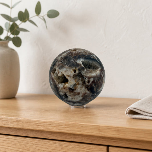 Chocolate Agate Geode Sphere with Two Druzy Caves, 3 Inch Polished Banded Crystal Ball, Sparkling Na