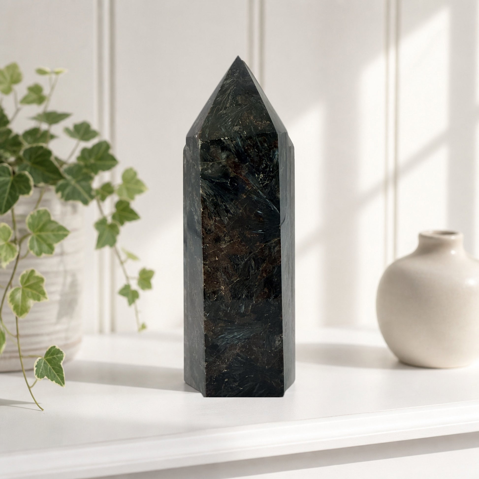 Arfvedsonite Tower with Garnet, Firework Stone Obelisk with Silver Blue Flash, 1.7 Pound Polished Cr