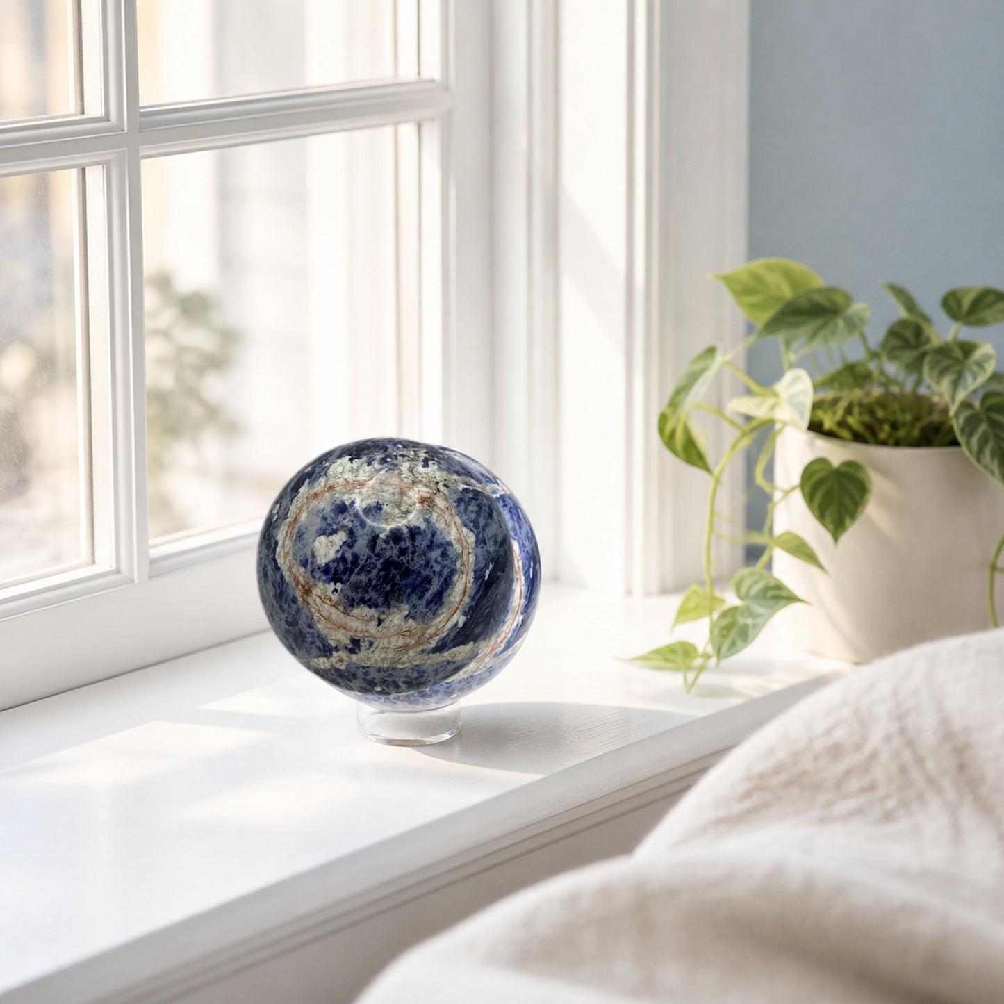 Sunset Sodalite sphere on a sunlit windowsill