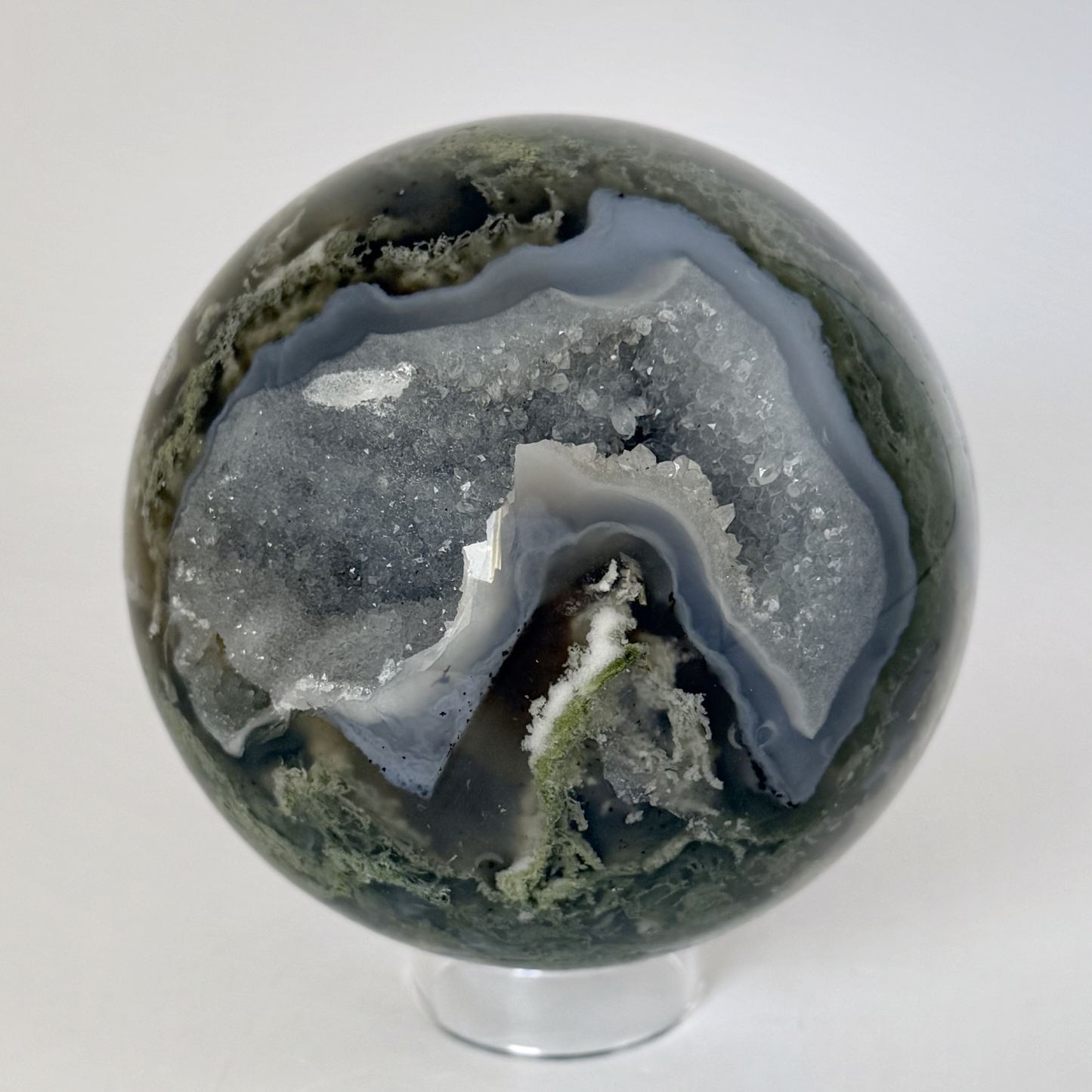 Moss Agate Sphere with Druzy Geode Pocket, 3.3 Inch Polished Crystal Ball with Green Moss Inclusions and Sparkling Quartz Cave