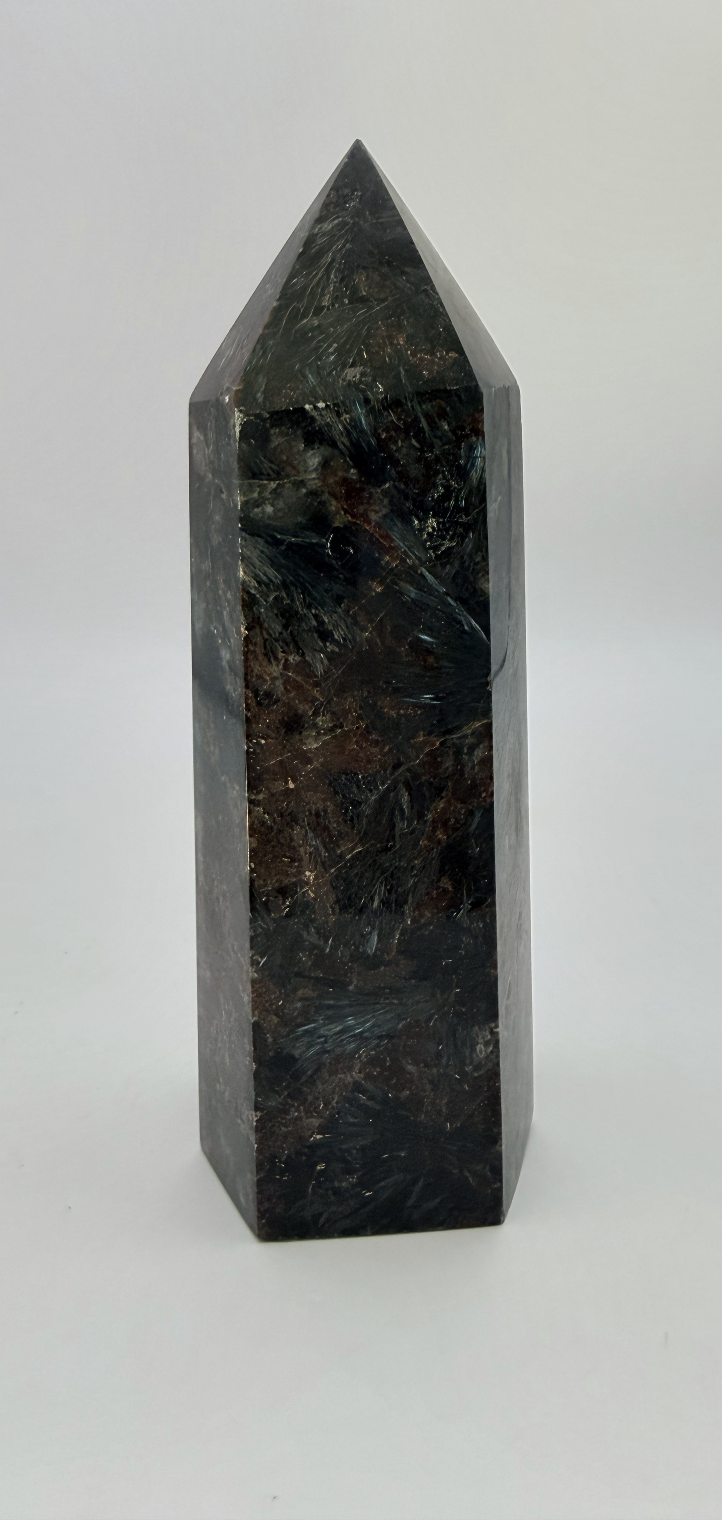 Arfvedsonite Tower with Garnet, Firework Stone Obelisk with Silver Blue Flash, 1.7 Pound Polished Cr