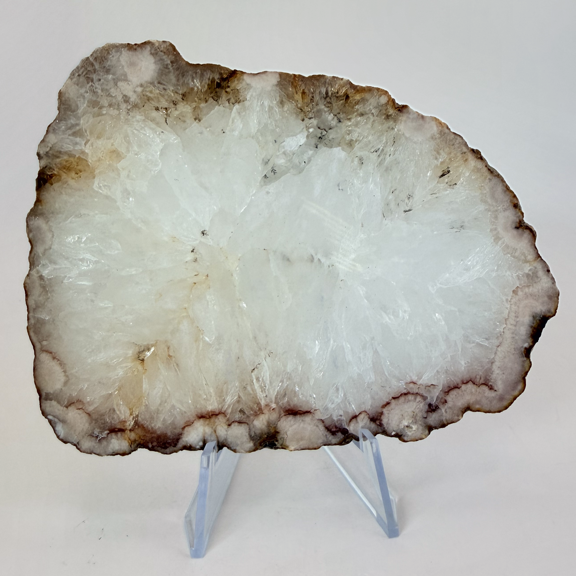 White Quartz Geode Slice with Druzy Rim, 5 Inch Polished Agate Slab on Stand, Radiating Crystal Cent