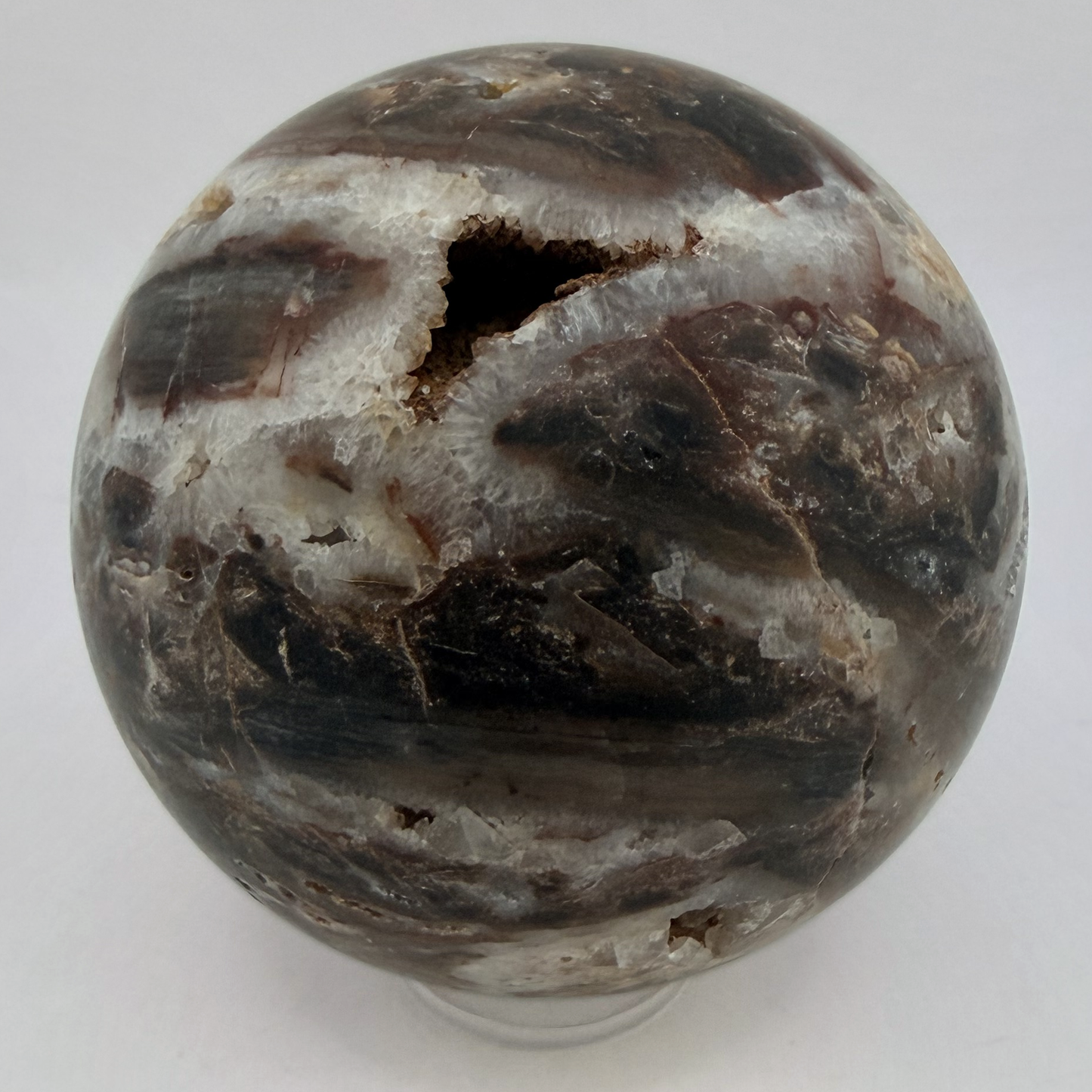 Chocolate Agate Geode Sphere with Two Druzy Caves, 3 Inch Polished Banded Crystal Ball, Sparkling Na