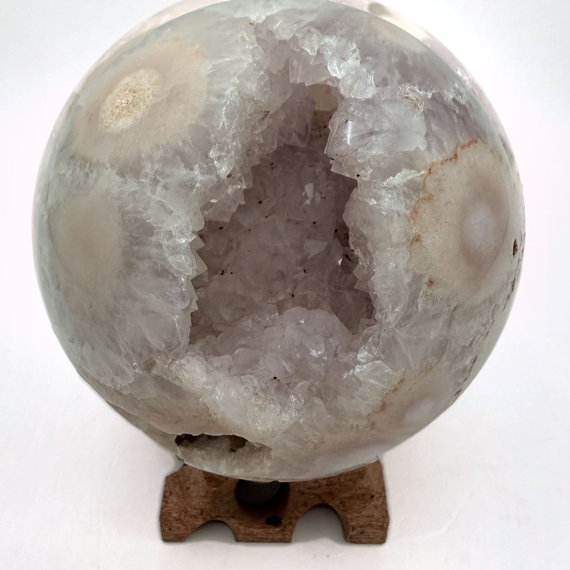 Flower agate sphere with druzy geode pocket