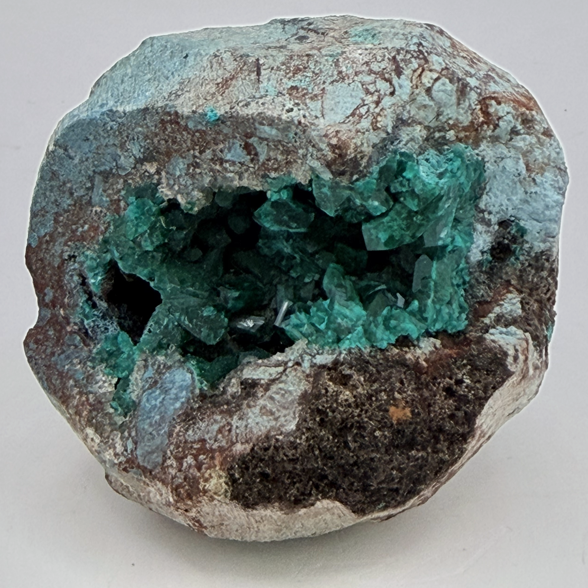 Dioptase Cave Nodule from Congo, Emerald Crystal Geode with Blue Chrysocolla Skin, Rare Collector Sp