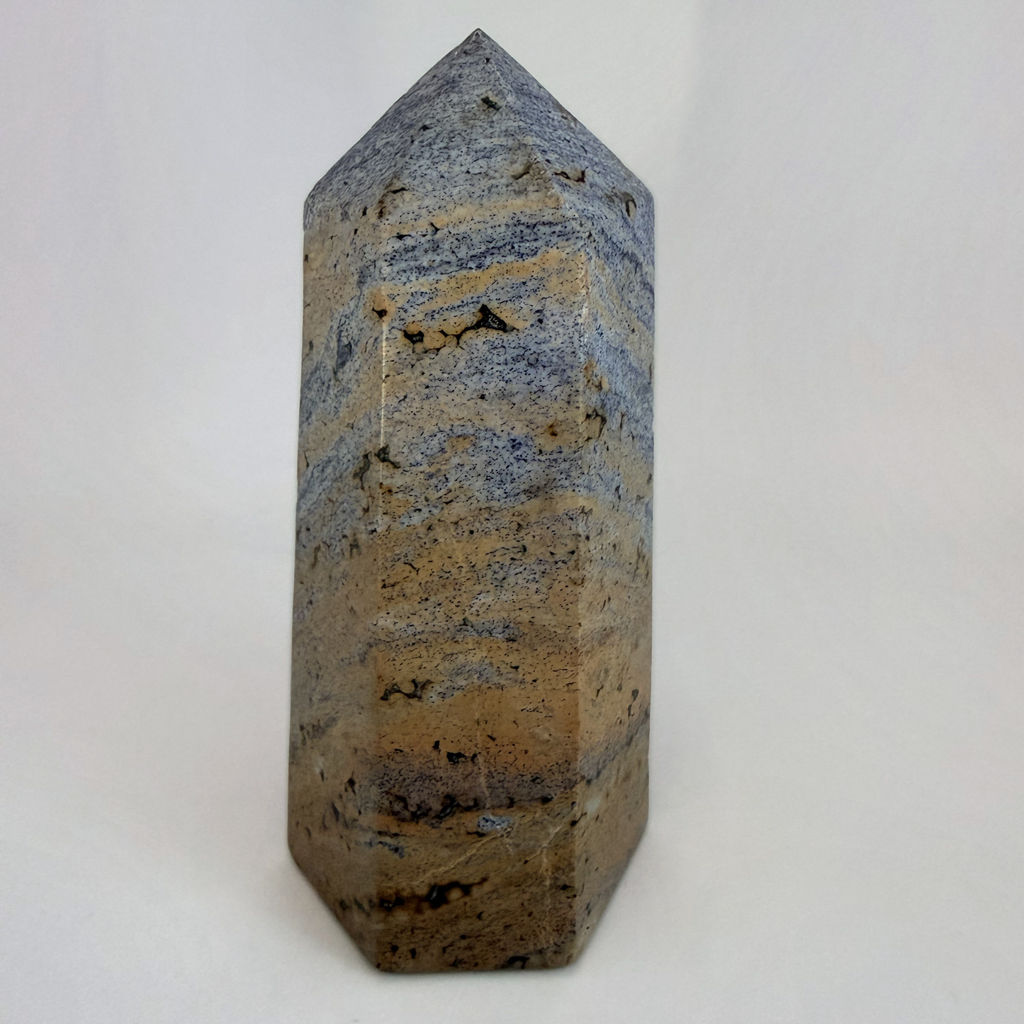 Blue and Tan Banded Jasper Tower, 6 Inch Polished Stone Obelisk in Sand and Soft Blue, 2 Pound State