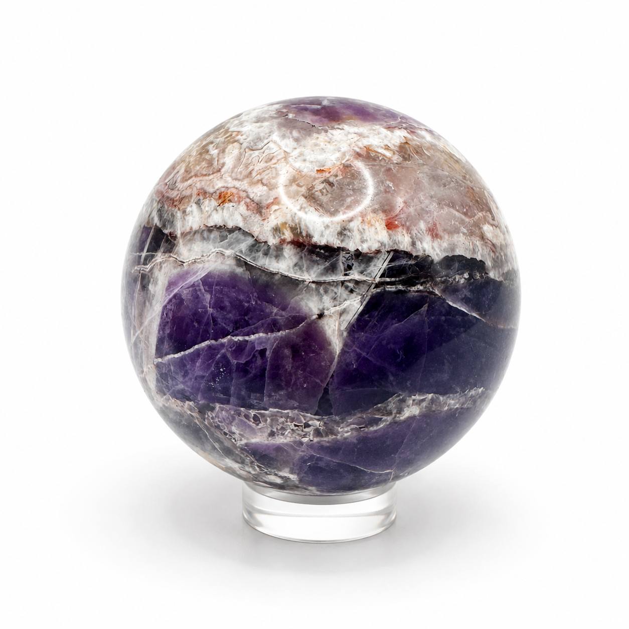 Chevron Amethyst Sphere with Stand. Polished Dream Amethyst Crystal Ball, 2 Inch, 1 lb 5 oz