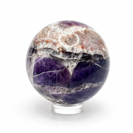 Chevron Amethyst Sphere with Stand. Polished Dream Amethyst Crystal Ball, 2 Inch, 1 lb 5 oz