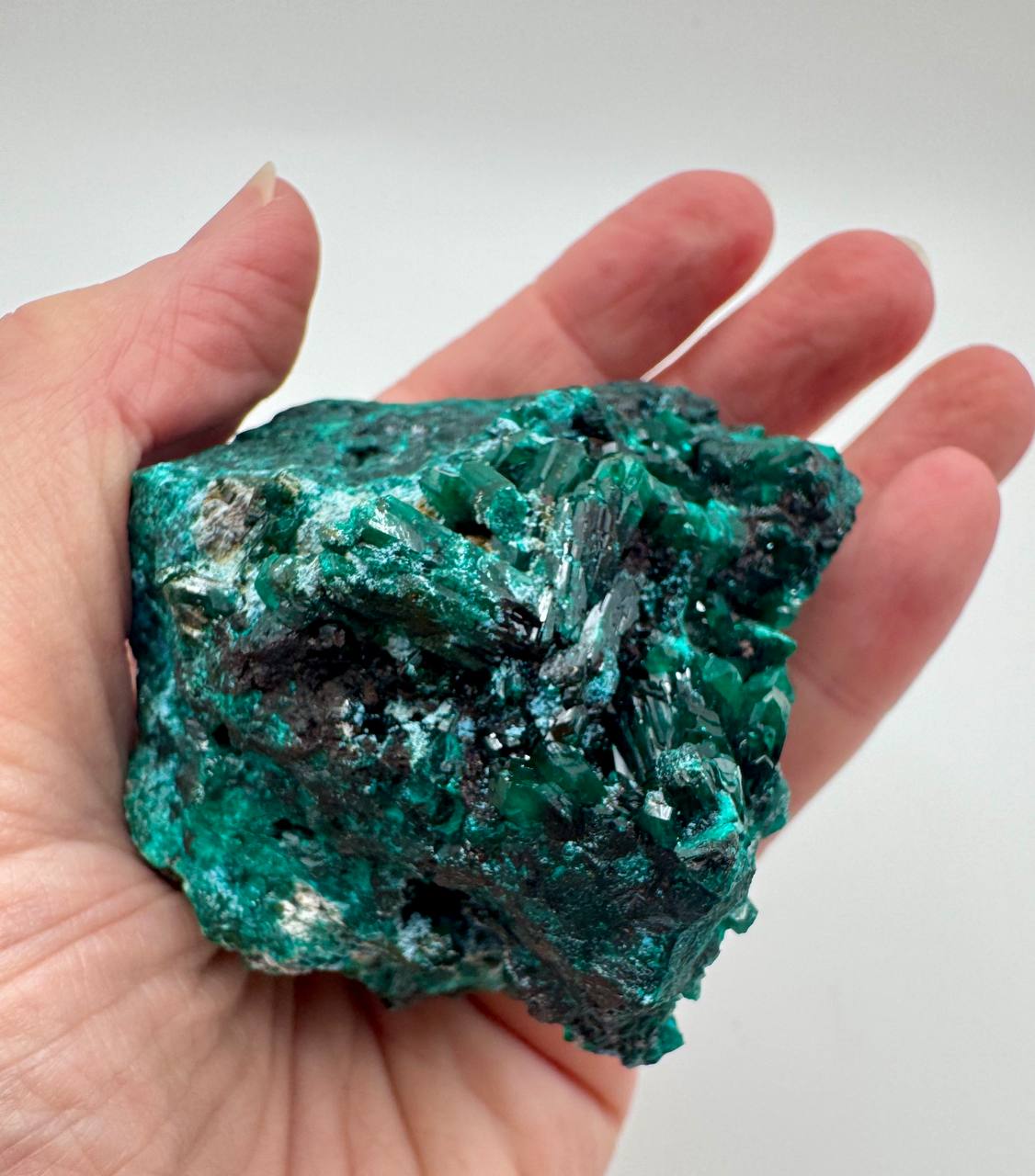 Dioptase crystal specimen front view in hand