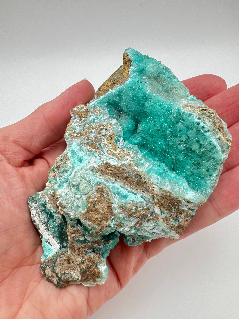 Raw Hemimorphite Crystal Specimen on Matrix. Natural Teal and White Druzy Mineral, 3 x 4 Inch, 9.5 oz