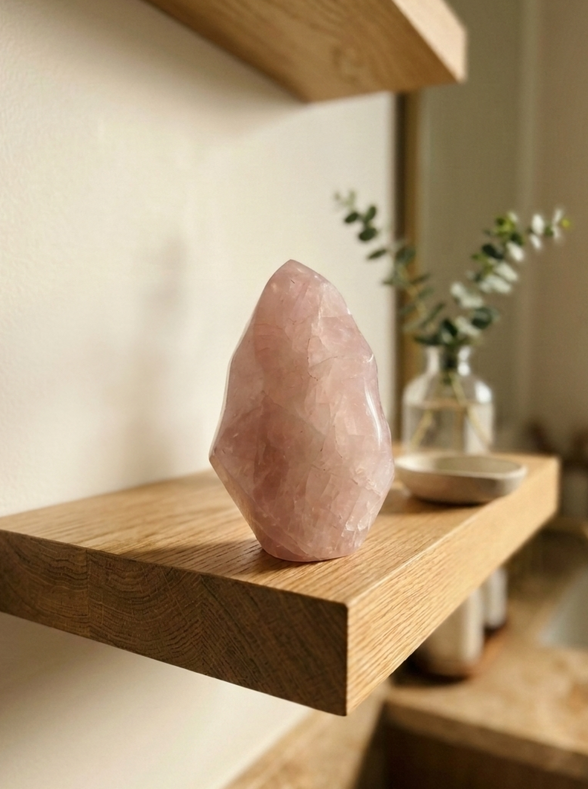 Large rose quartz flame, polished pink quartz freeform