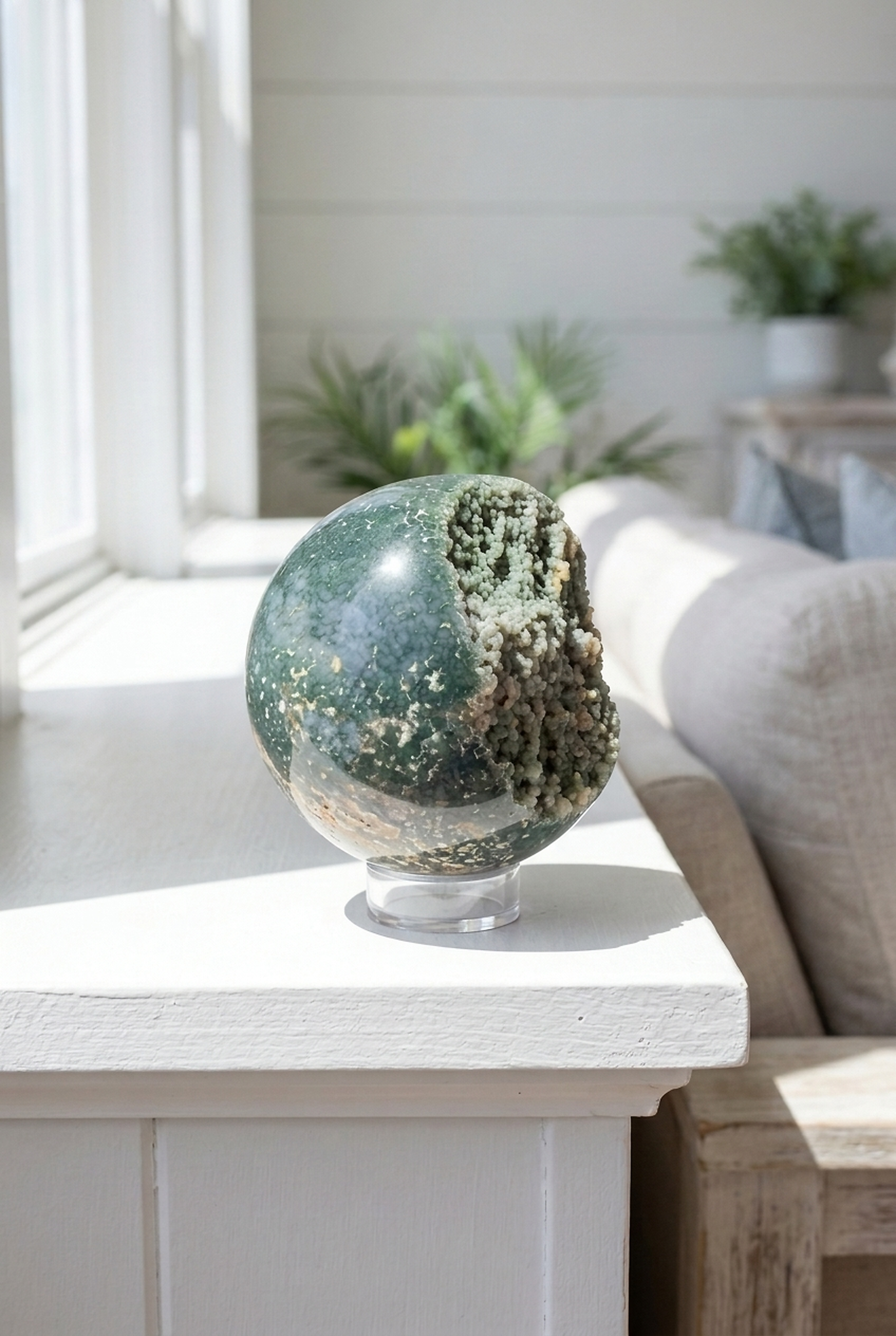 Ocean jasper sphere with raw druzy pocket, green orbicular crystal ball