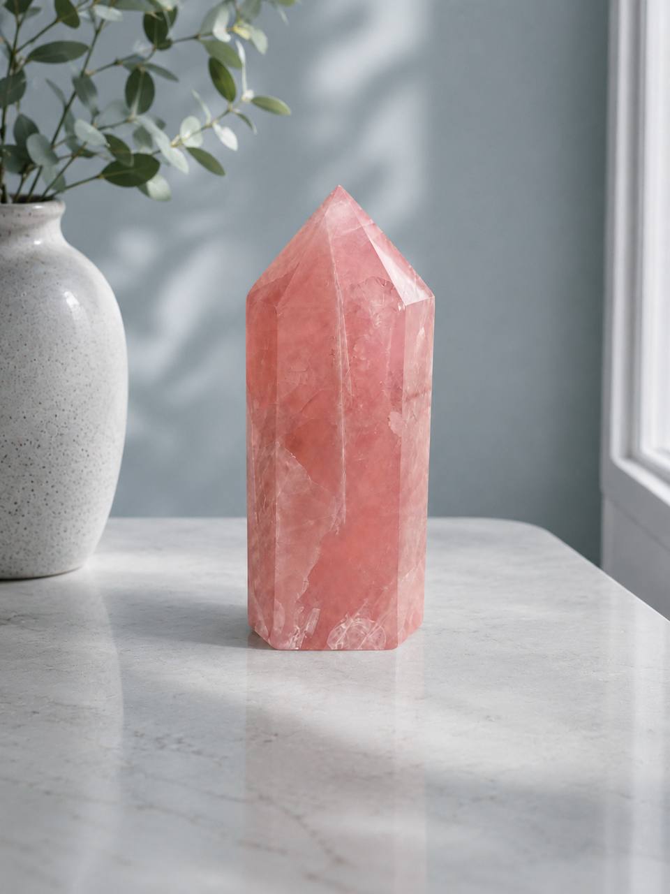 Rose Quartz Tower - lifestyle view on marble surface