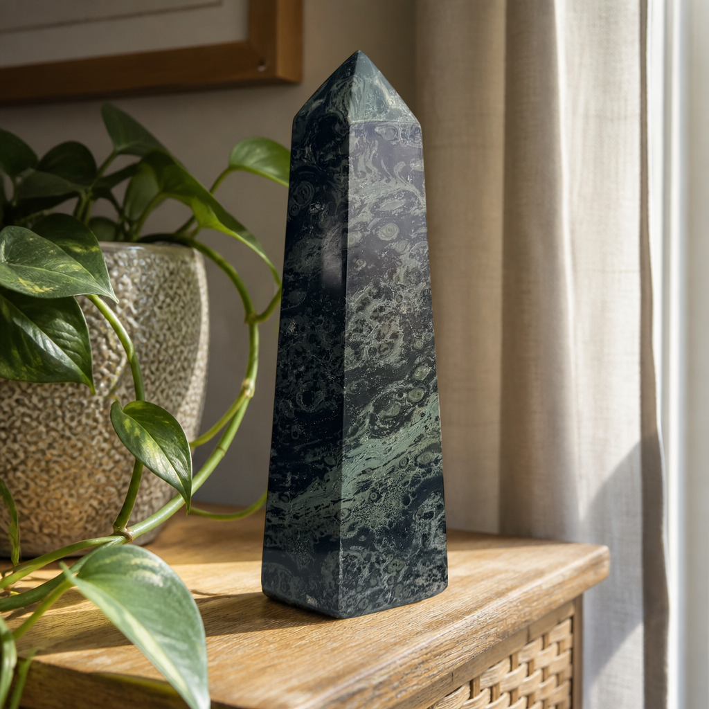 Kambaba Jasper Tower, Green Stromatolite Crystal Obelisk, Polished Fossil Algae Point