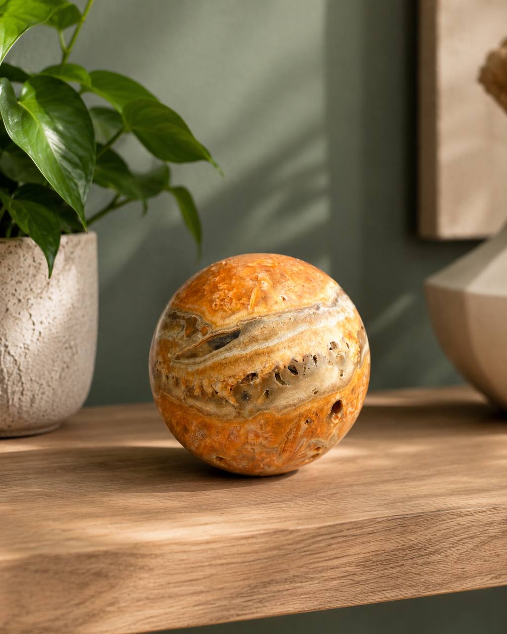 Lace Agate Crystal Sphere, lifestyle view on wood shelf