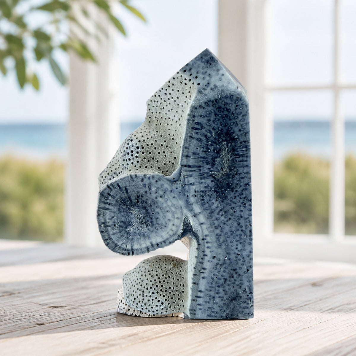 Blue coral tower styled by a bright coastal window