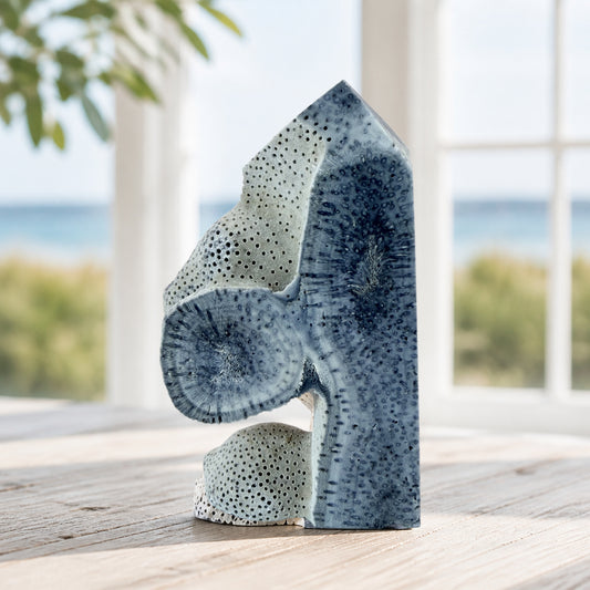 Blue coral tower styled by a bright coastal window