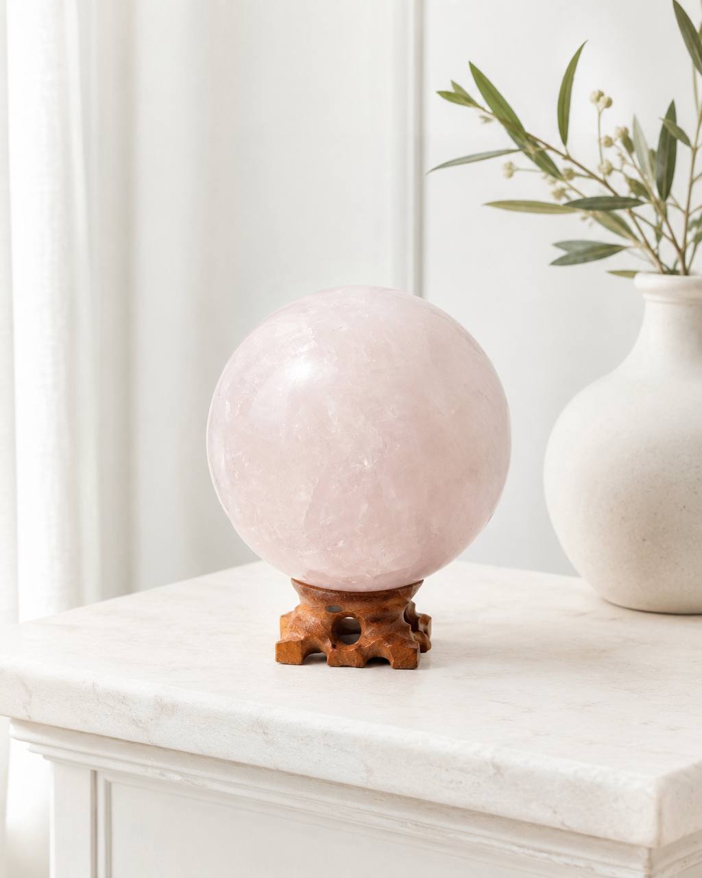Rose Quartz Sphere on wooden stand, lifestyle view on marble surface