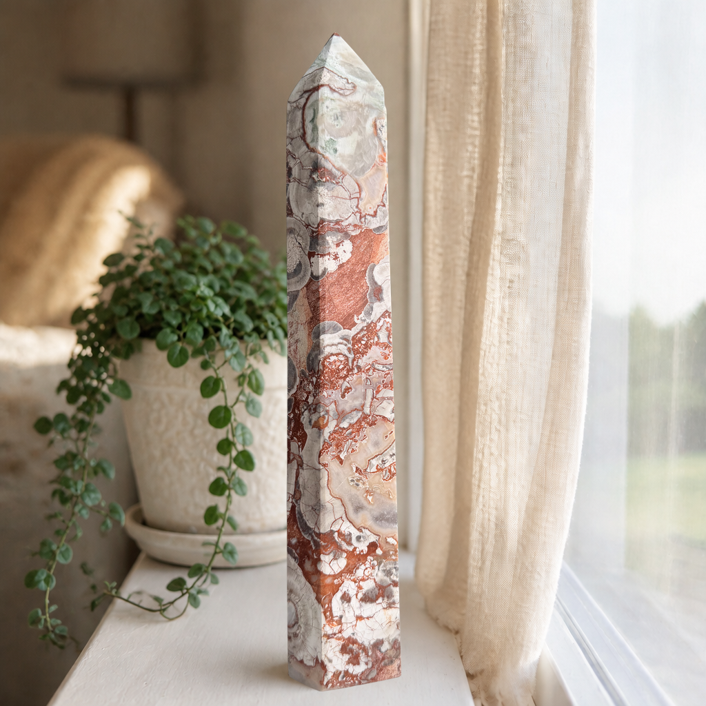 Money Agate Tower, Red and Cream Brecciated Agate Crystal Point, 9 Inch Polished Obelisk with Orbicular Eyes