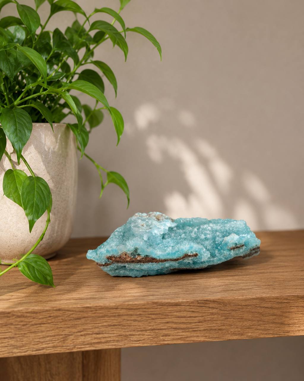 Blue Hemimorphite Crystal Cluster, lifestyle view on wood shelf