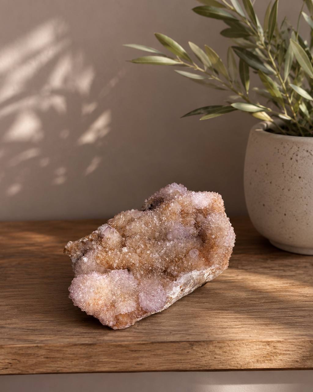 Spirit Quartz Cluster, lifestyle view on wood surface