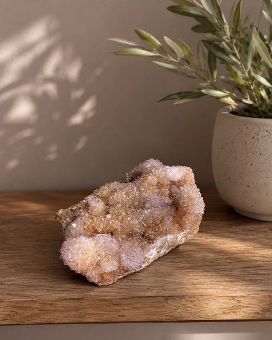 Spirit Quartz Cluster, lifestyle view on wood surface