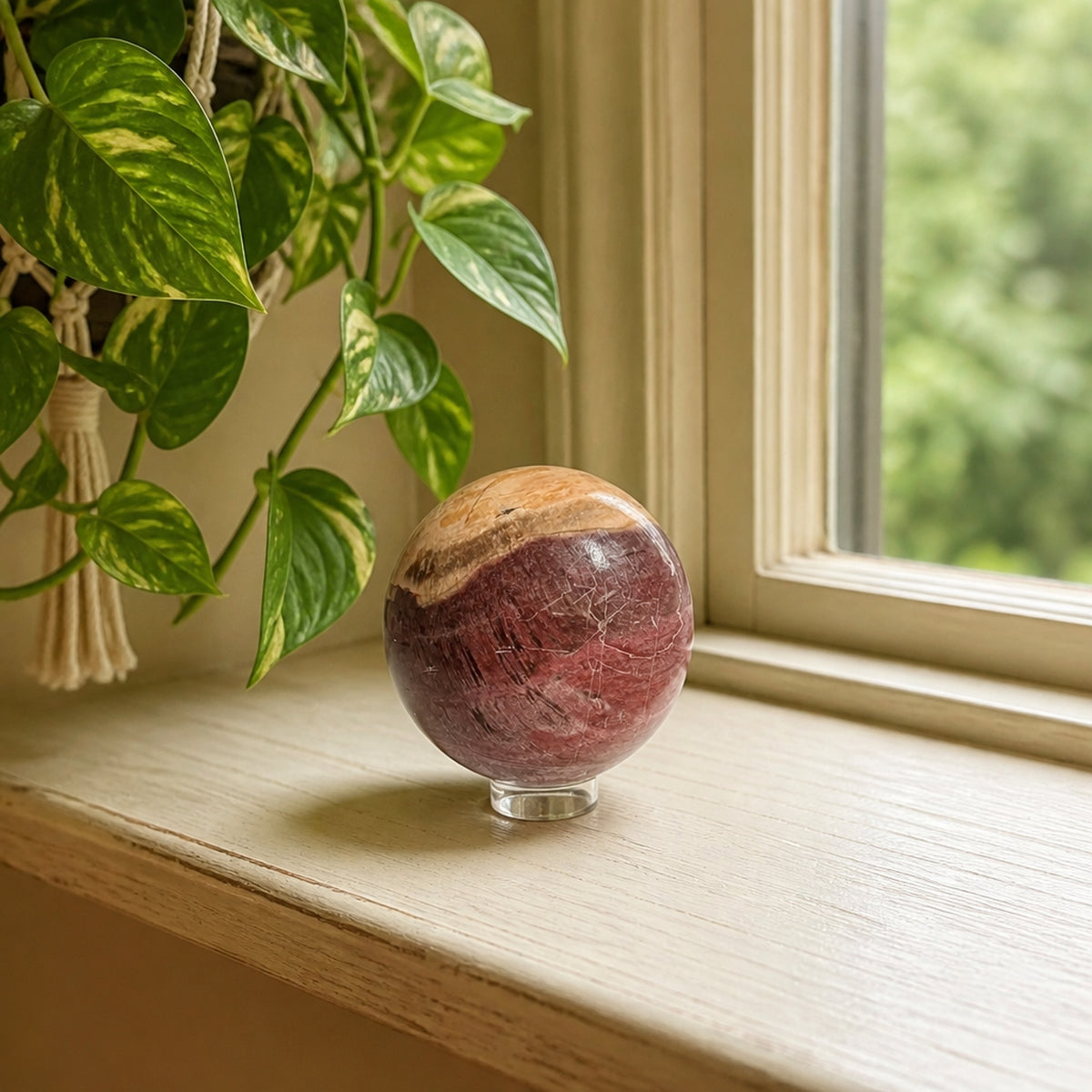 Petrified wood sphere, gold and red