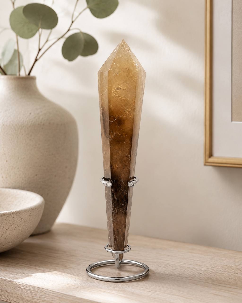 Smoky Quartz Crystal Wand with Stand, lifestyle view